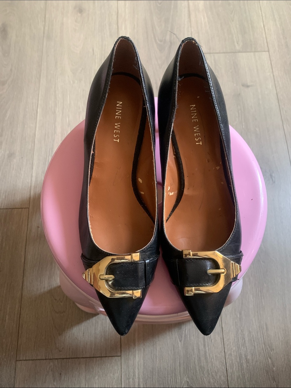 Nine West Black Pointed Flats with Gold Buckle Accent